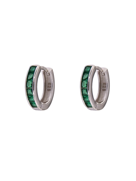 Aros de plata con circonitas color esmeralda talla baguette en Plata de Ley 925
