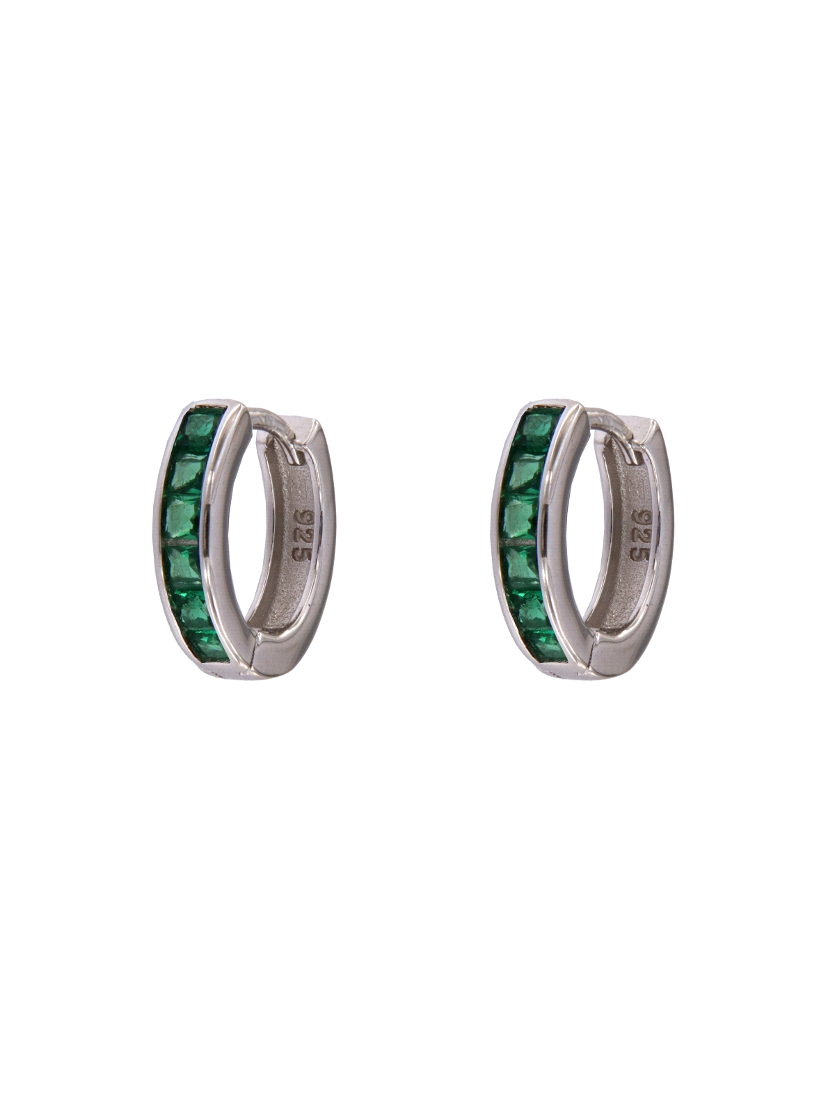 Aros de plata con circonitas color esmeralda talla baguette en Plata de Ley 925