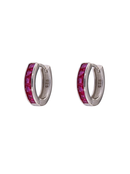 Aros de plata con circonitas color rubí talla baguette en Plata de Ley 925