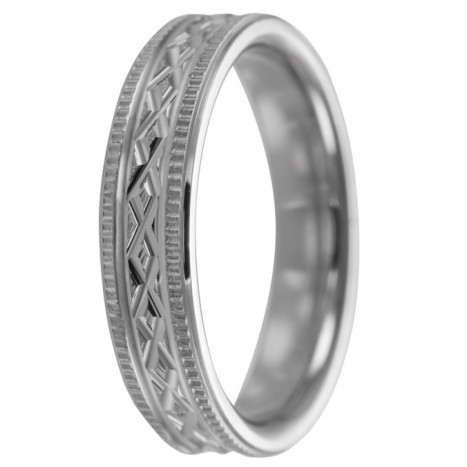 Alianza de plata con labrado entrelazado y bordes estriados