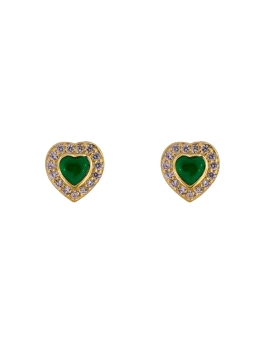 Pendientes de presión dorados corazón color esmeralda con circonitas blancas en Plata de Ley 925