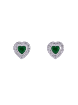 Pendientes de presión corazón color esmeralda con circonitas blancas en Plata de Ley 925