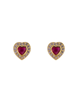 Pendientes de presión dorados corazón color rubí con circonitas blancas en Plata de Ley 925