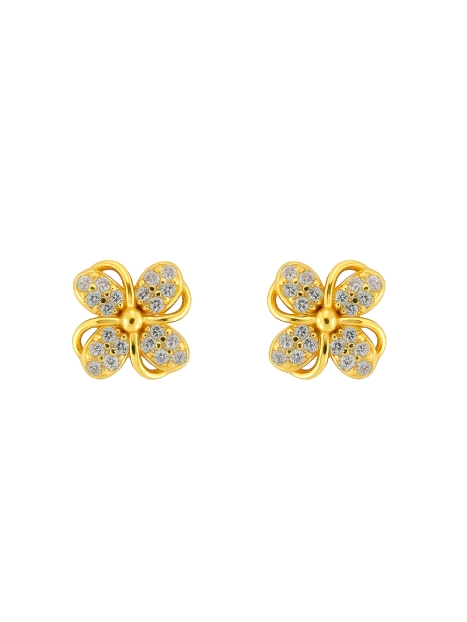 Pendientes de presión dorados flor entrelazada con circonitas blancas en Plata de Ley 925
