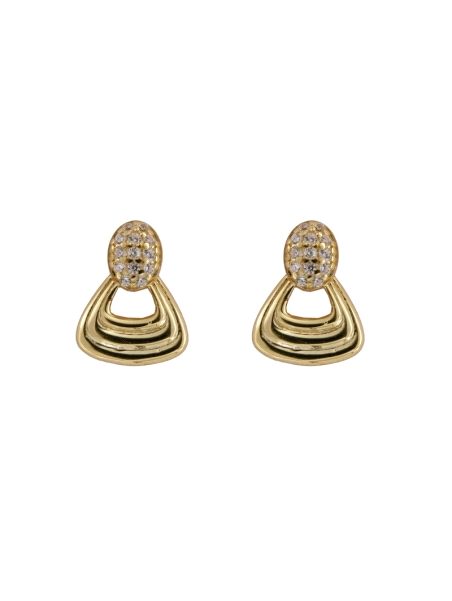 Pendientes de presión dorados abanico en relieve con circonitas blancas en Plata de Ley 925
