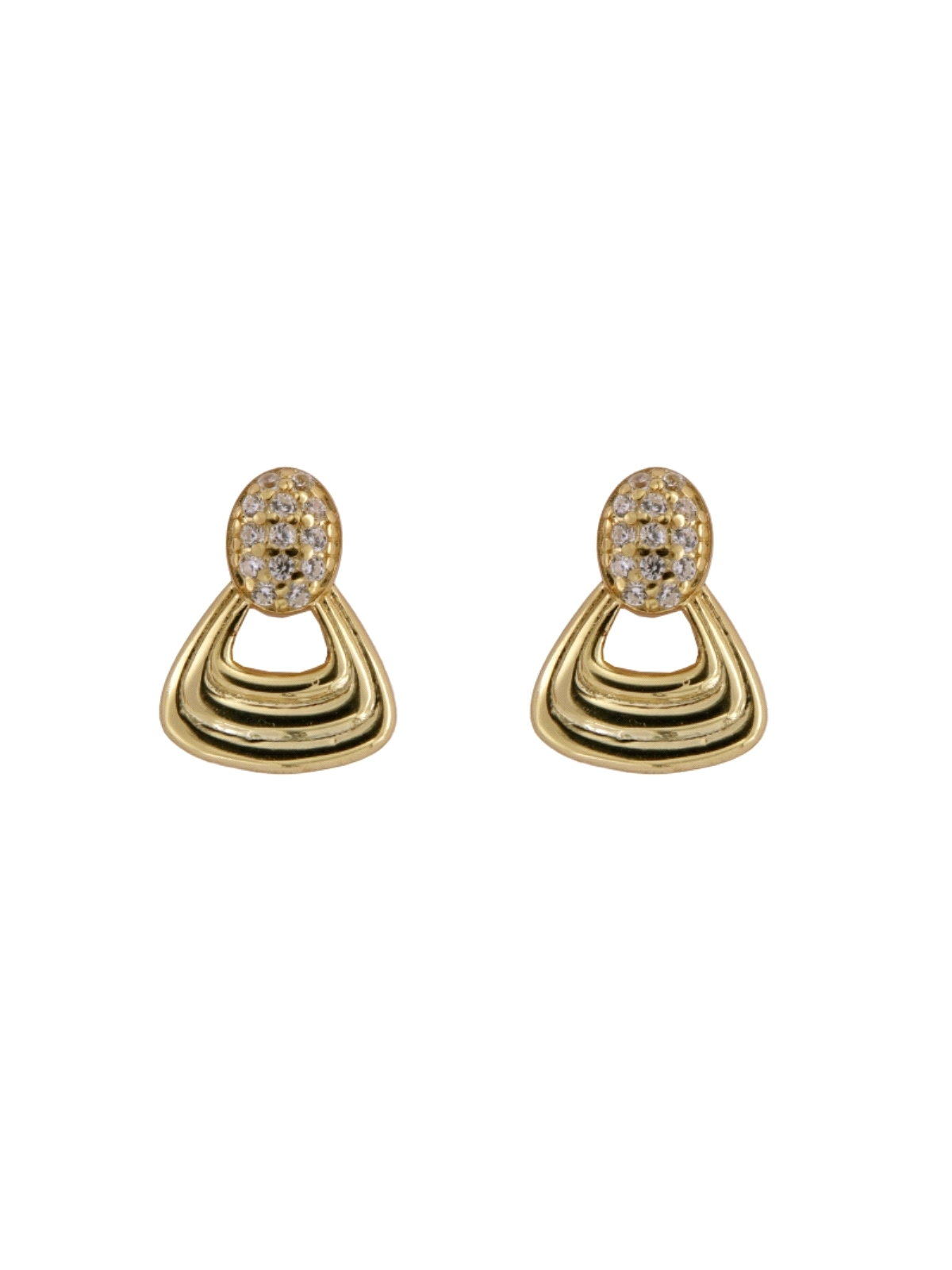 Pendientes de presión dorados abanico en relieve con circonitas blancas en Plata de Ley 925