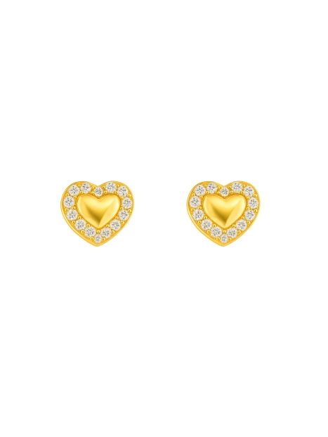 Pendientes de presión dorados corazón liso con marco de circonitas blancas en Plata de Ley 925