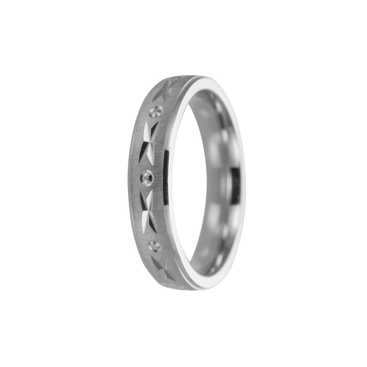 Alianza de plata con motivos tallados y detalles circulares