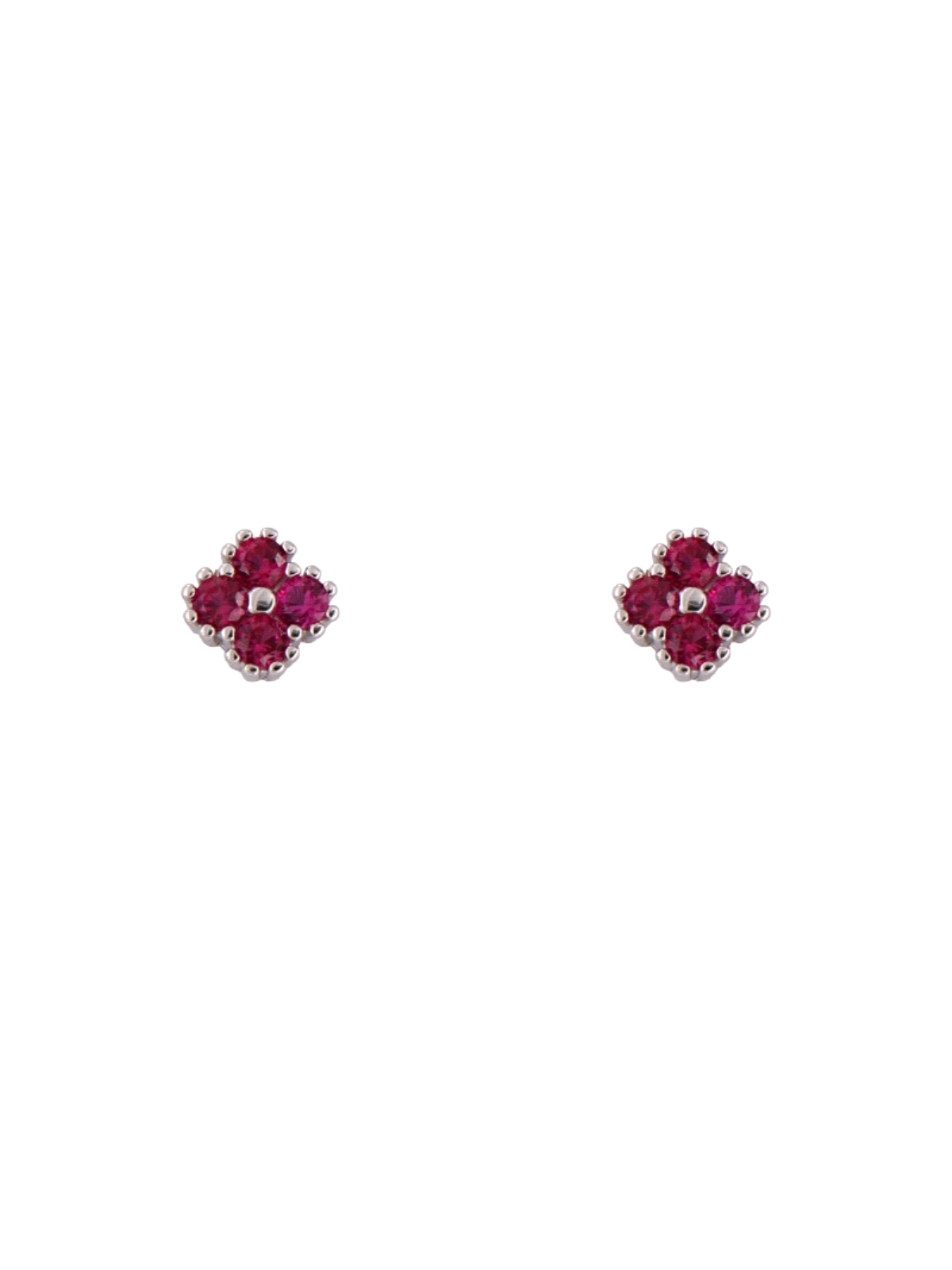 Pendientes de presión flor con circonita color rubí en Plata de Ley 925