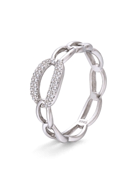 Anillo de plata de ley 925 con diseño de eslabones y detalle central con circonitas. Pieza moderna y ligera, ideal para joyerías