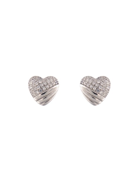 Pendientes de presión corazón con franjas y circonitas blancas en Plata de Ley 925