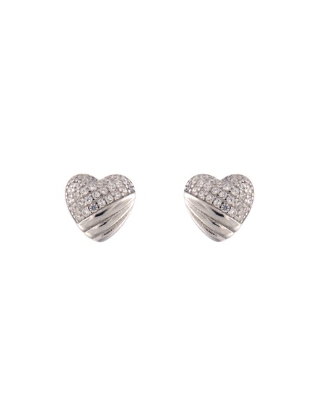 Pendientes de presión corazón con franjas y circonitas blancas en Plata de Ley 925