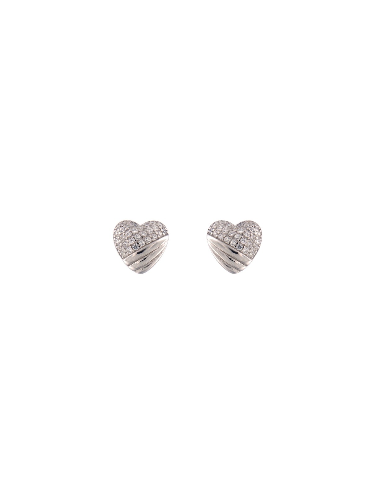 Pendientes de presión corazón con franjas y circonitas blancas en Plata de Ley 925