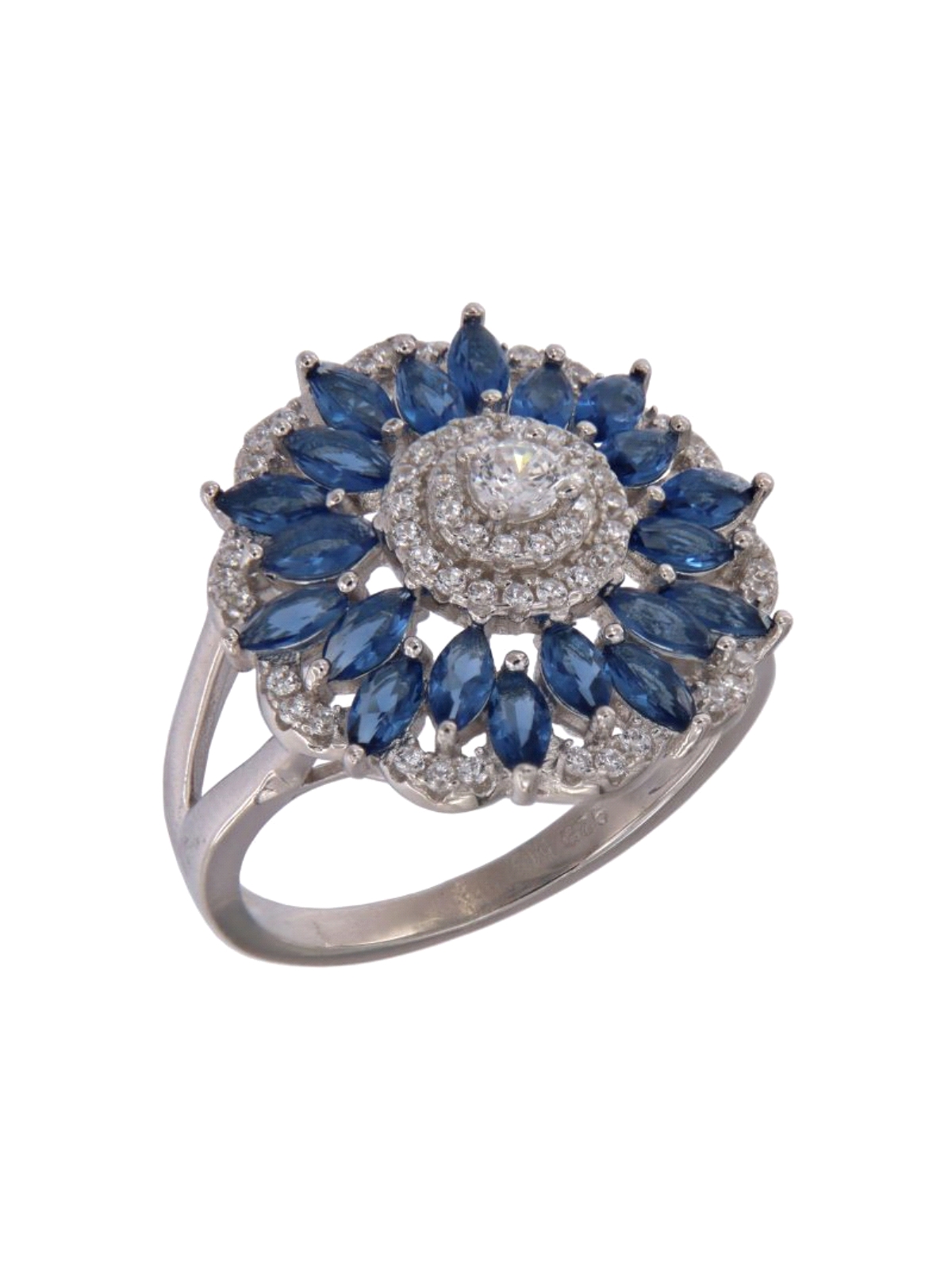 Anillo de Plata Flor de Circonitas Zafiro en Plata 925