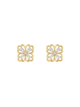 Pendientes de presión dorados flor cuatro pétalos con circonitas blancas