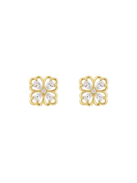 Pendientes de presión dorados flor cuatro pétalos con circonitas blancas