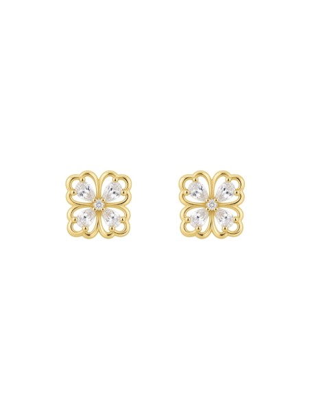 Pendientes de presión dorados flor cuatro pétalos con circonitas blancas