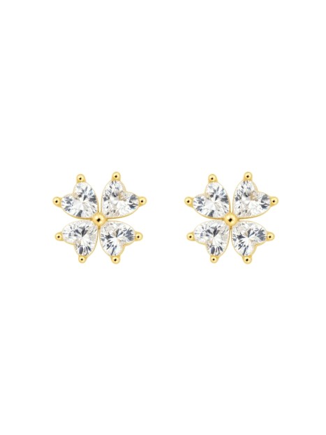Pendientes de presión dorados flor de circonitas blancas en forma de corazón