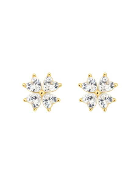 Pendientes de presión dorados flor de circonitas blancas en forma de corazón