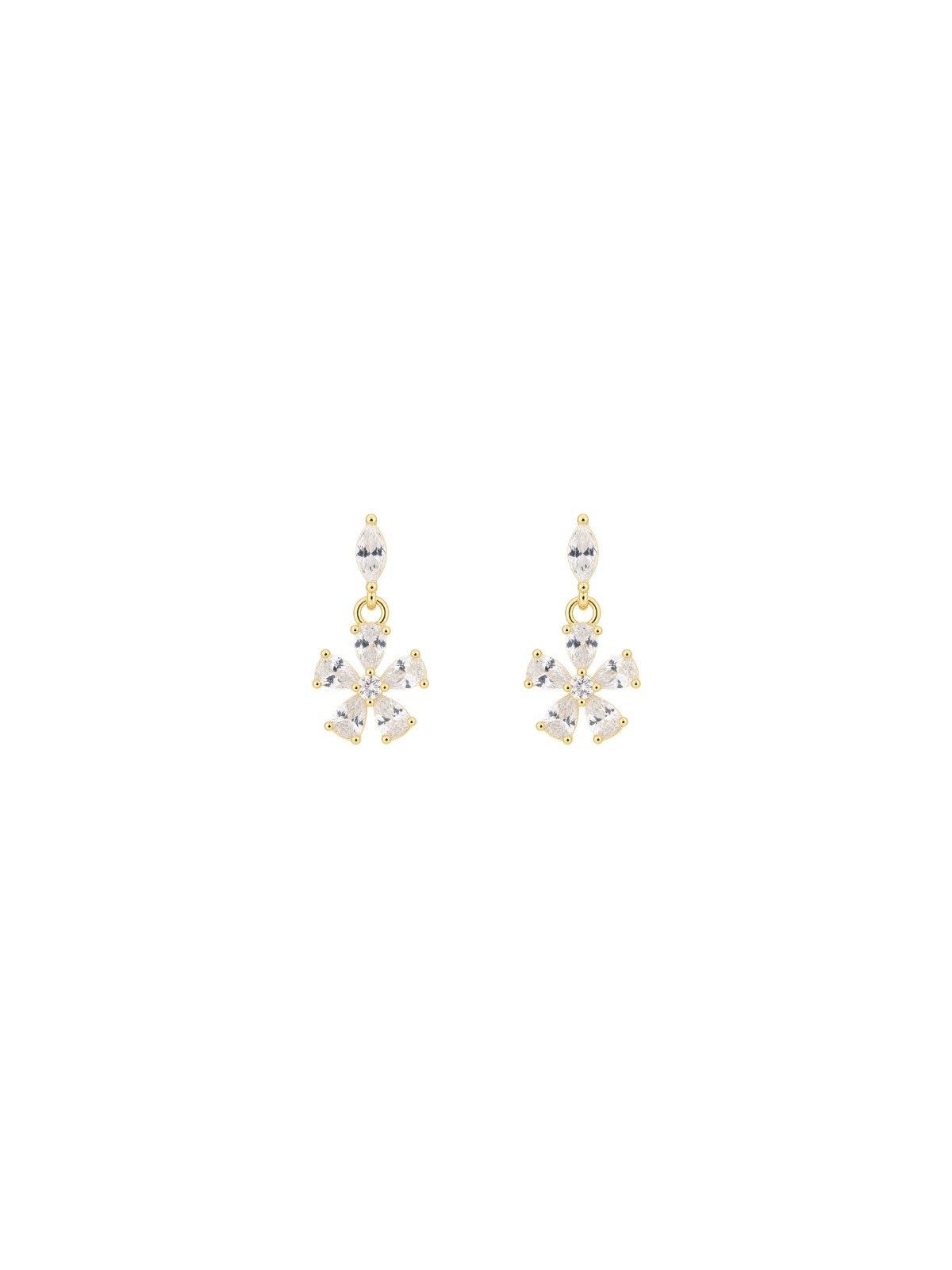 Pendientes dorados flor colgante con circonitas blancas