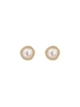Pendientes dorados de perlas con contorno de circonitas blancas