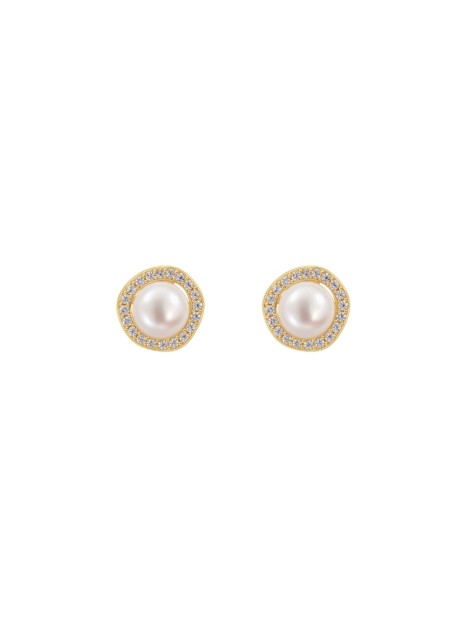 Pendientes dorados de perlas con contorno de circonitas blancas