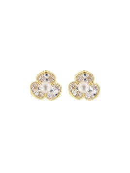 Pendientes de perlas dorados flor tres pétalos con circonitas blancas