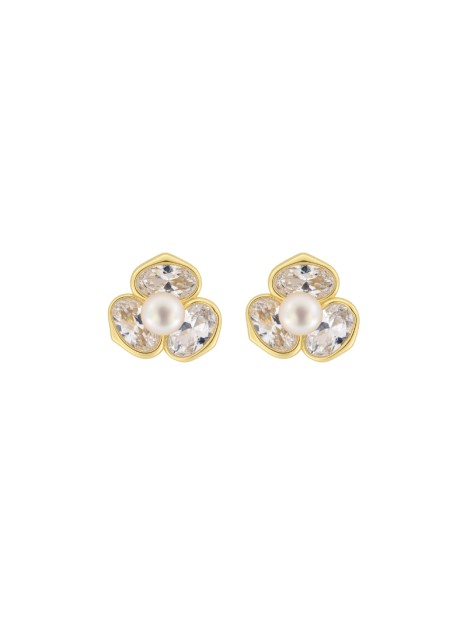 Pendientes de perlas dorados flor tres pétalos con circonitas blancas
