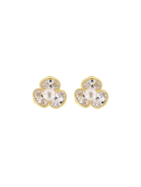 Pendientes de perlas dorados flor tres pétalos con circonitas blancas