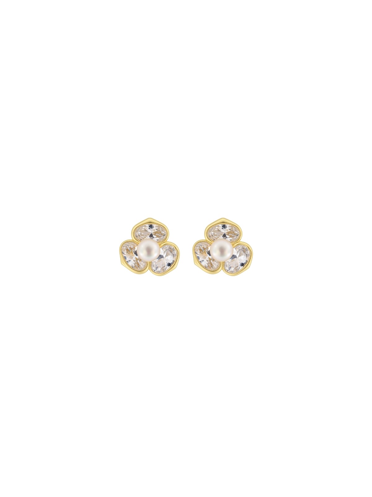 Pendientes de perlas dorados flor tres pétalos con circonitas blancas