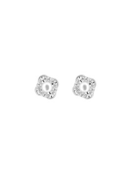 Pendientes de perlas flor redondeada con circonitas blancas
