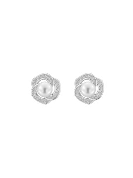 Pendientes de perlas flor entrelazada con circonitas blancas