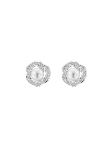 Pendientes de perlas flor entrelazada con circonitas blancas