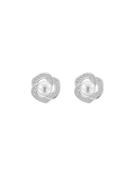 Pendientes de perlas flor entrelazada con circonitas blancas