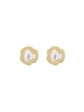 Pendientes de perlas dorados flor entrelazada con circonitas blancas