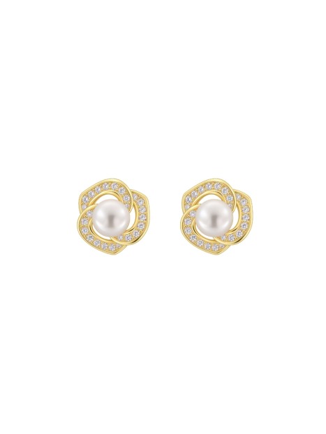 Pendientes de perlas dorados flor entrelazada con circonitas blancas