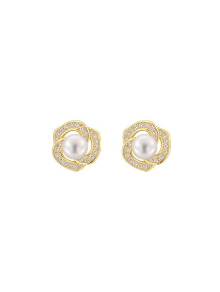 Pendientes de perlas dorados flor entrelazada con circonitas blancas