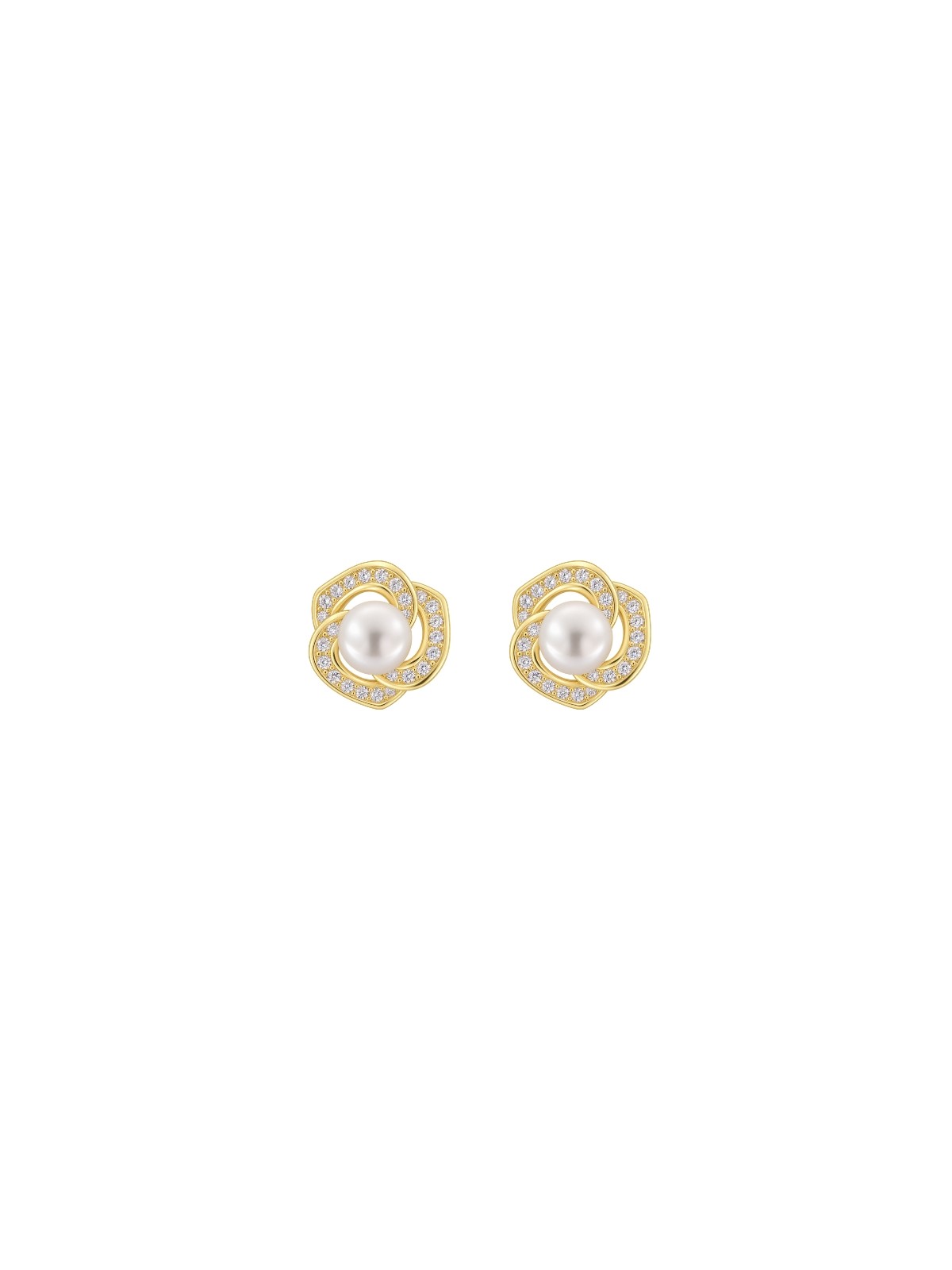 Pendientes de perlas dorados flor entrelazada con circonitas blancas
