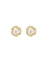 Pendientes de perlas dorados flor entrelazada con circonitas blancas