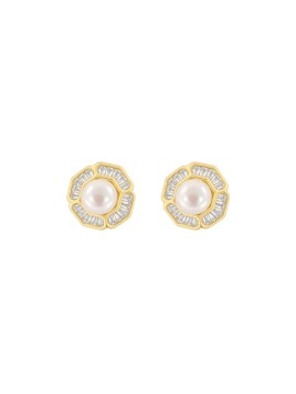 Pendientes de perlas dorados flor geométrica con circonitas blancas