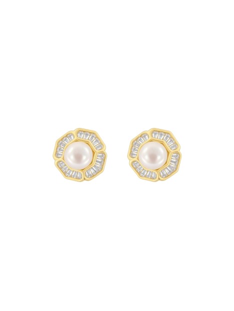 Pendientes de perlas dorados flor geométrica con circonitas blancas