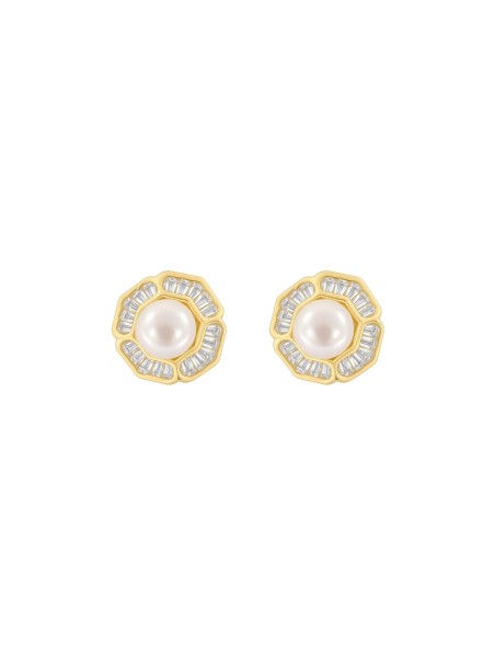 Pendientes de perlas dorados flor geométrica con circonitas blancas