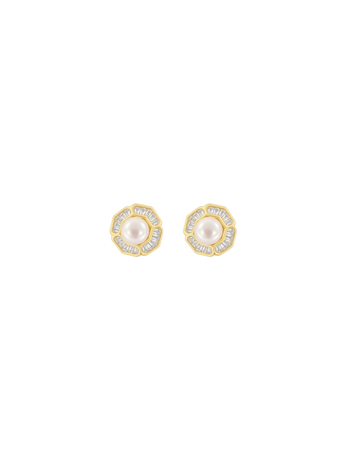 Pendientes de perlas dorados flor geométrica con circonitas blancas
