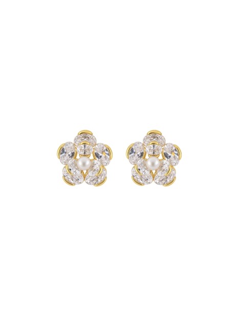 Pendientes de perlas dorados con pétalos de circonitas blancas