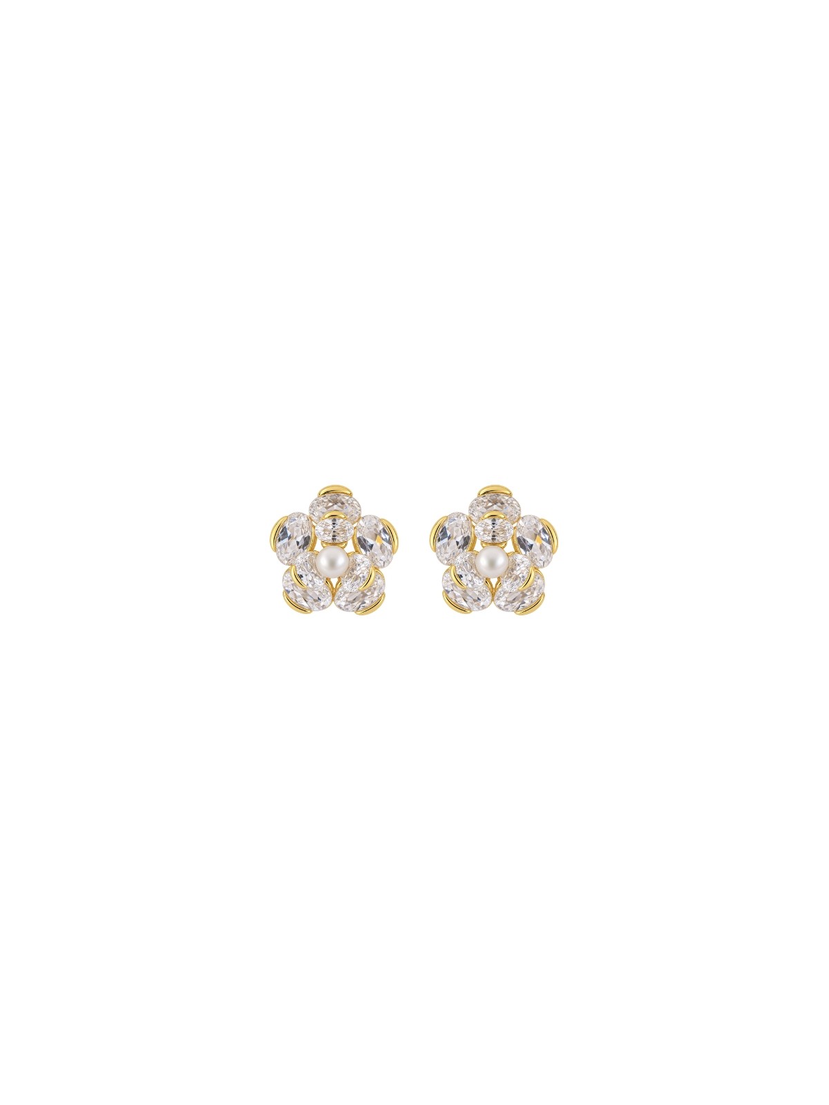 Pendientes de perlas dorados con pétalos de circonitas blancas
