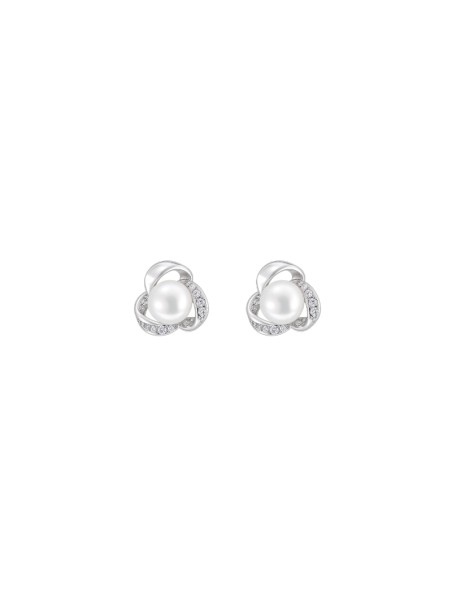 Pendientes de perlas flor espiral con circonitas blancas