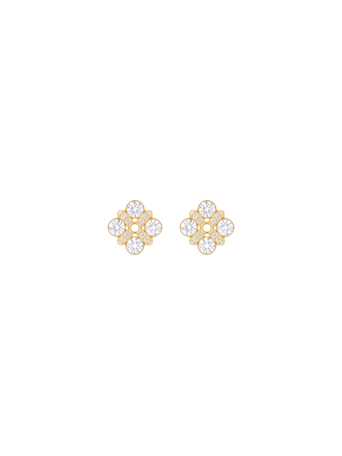 Pendientes de presión dorados cuatro circonitas en flor blancas