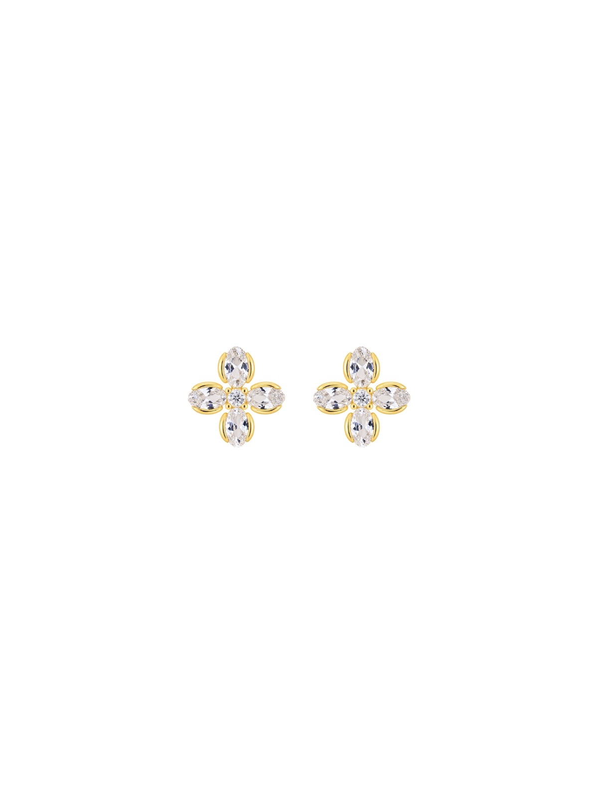 Pendientes de presión dorados flor ovalada con circonitas blancas