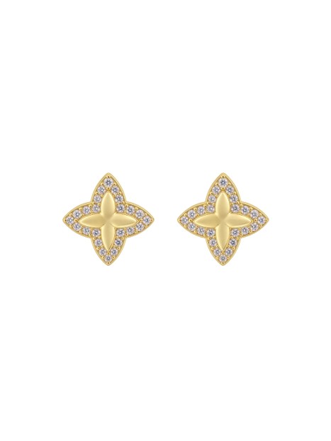 Pendientes de presión dorados flor de cuatro puntas con circonitas blancas