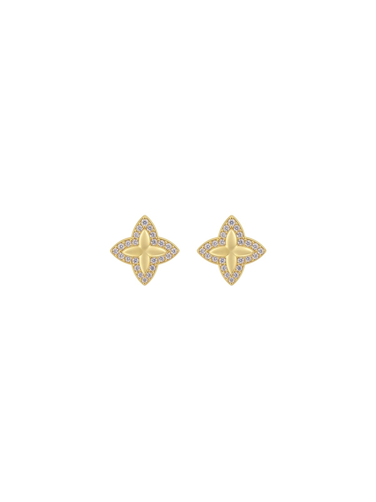 Pendientes de presión dorados flor de cuatro puntas con circonitas blancas